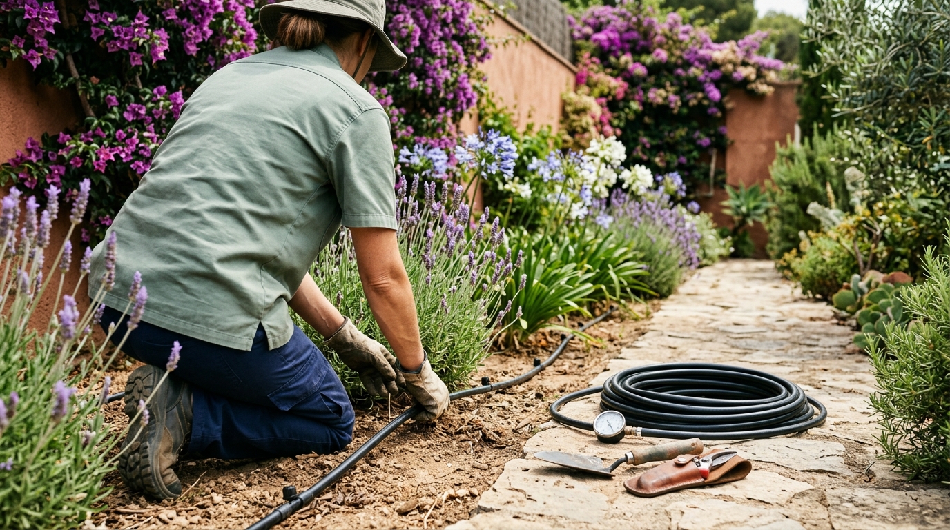 Jardineros Tecnoverd trabajando en mantenimiento jardn verano Maresme