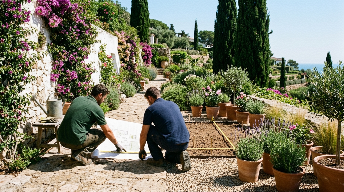 Jardineros Tecnoverd planificando diseño de jardín mediterráneo en el Maresme