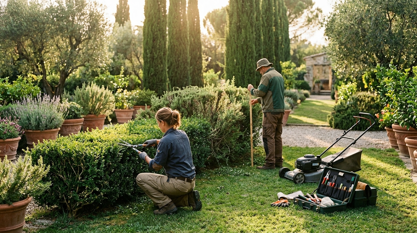 Jardineros Tecnoverd trabajando en mantenimiento del jardn errores