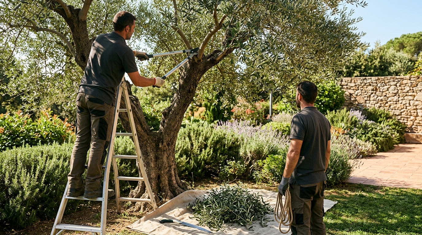 Jardineros Tecnoverd realizando poda profesional de árboles en el Maresme