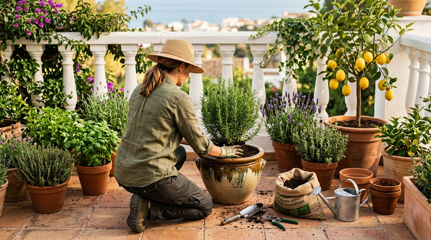Jardineros Tecnoverd trabajando en plantas terraza, aromticas maceta