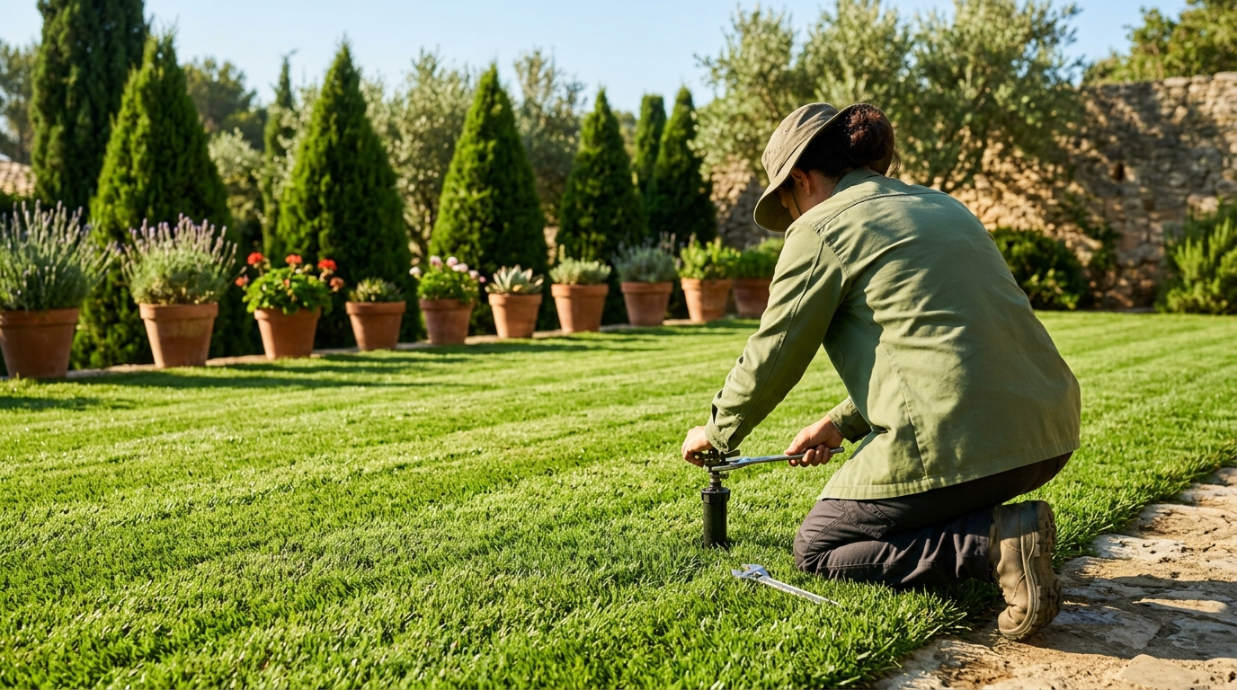 Jardineros Tecnoverd trabajando en cuidado csped verano