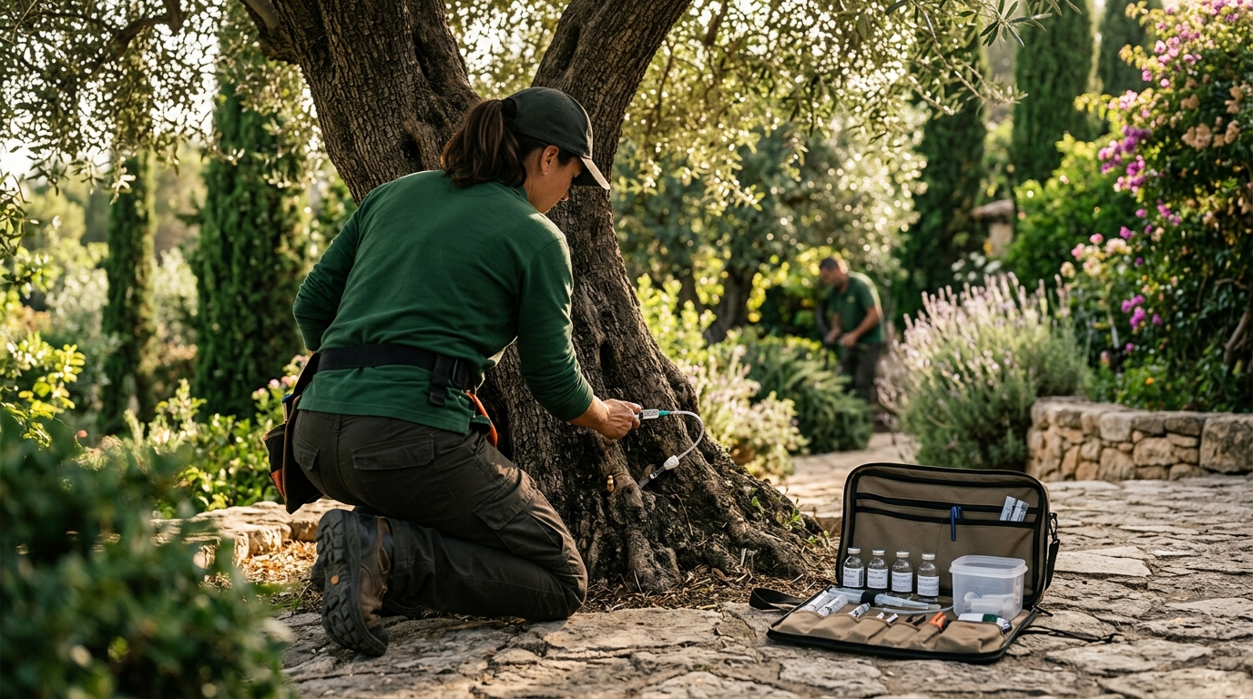 Jardineros Tecnoverd trabajando en endoterapia arbrea Maresme