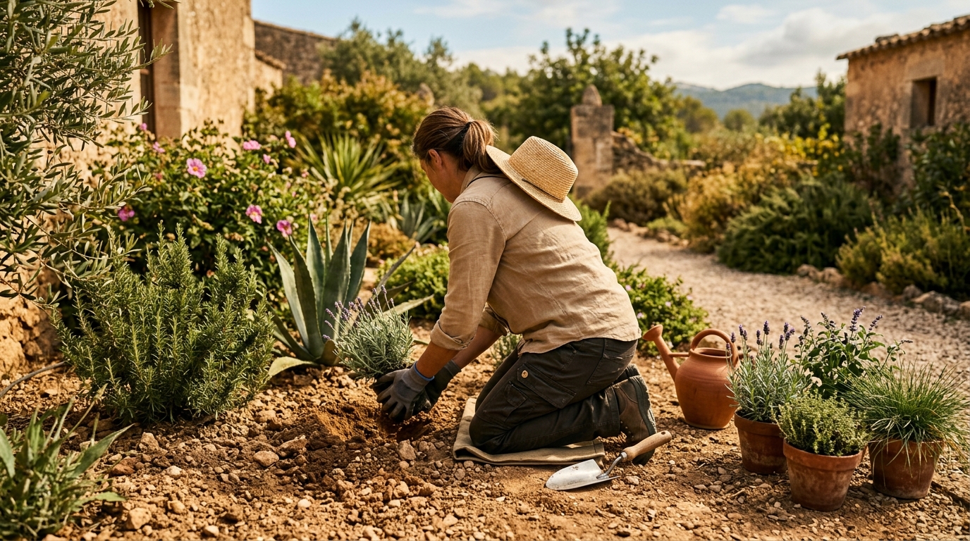 Jardineros Tecnoverd trabajando en ahorro agua jardn mediterrneo
