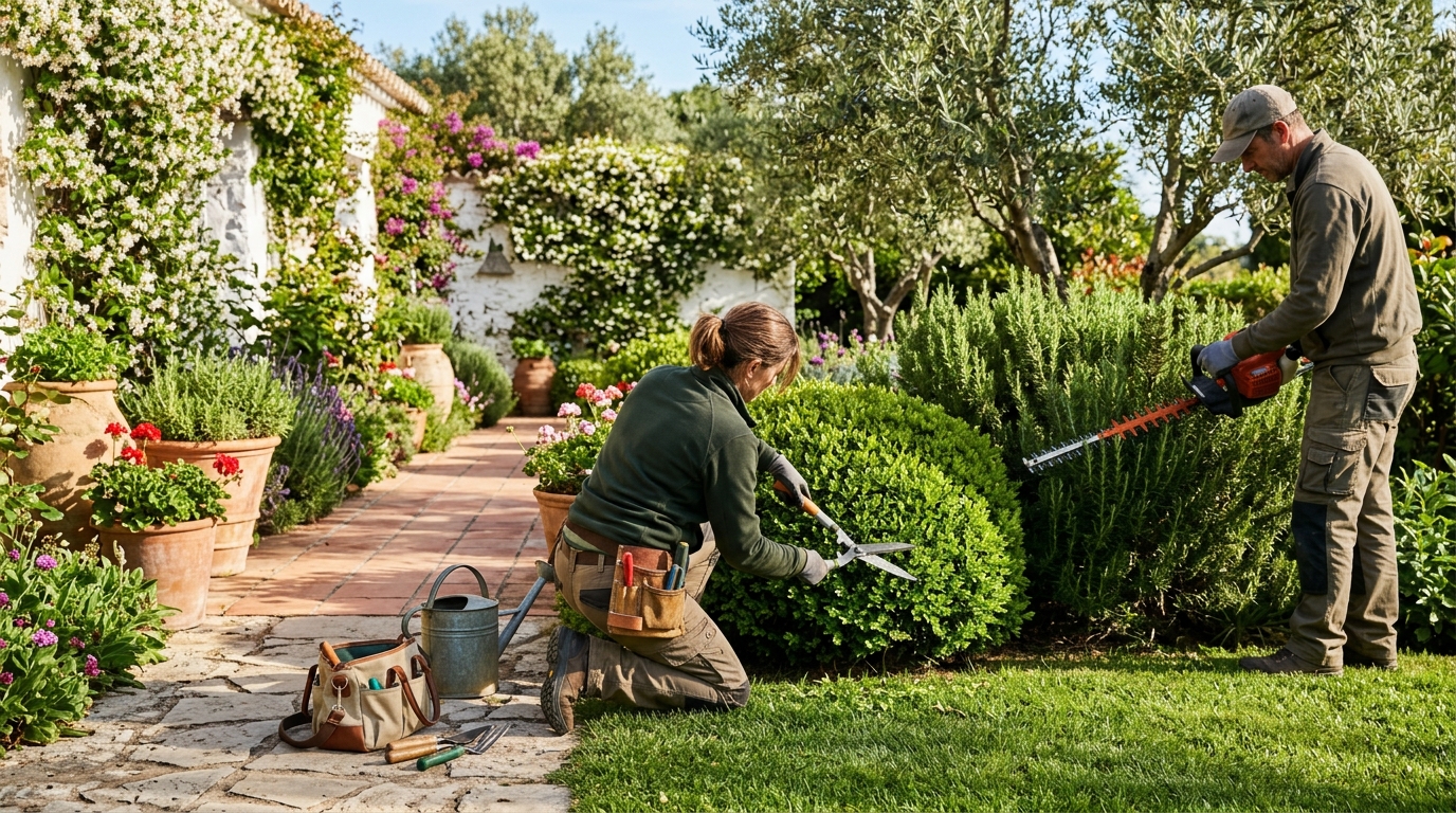 Jardineros Tecnoverd trabajando en mantenimiento jardn primavera