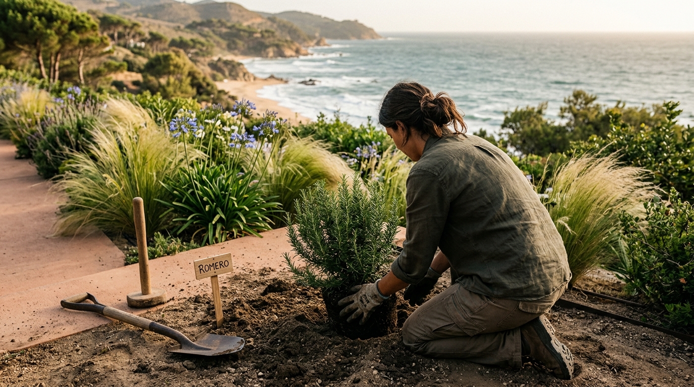 Jardineros Tecnoverd trabajando en plantas resistentes al viento costa