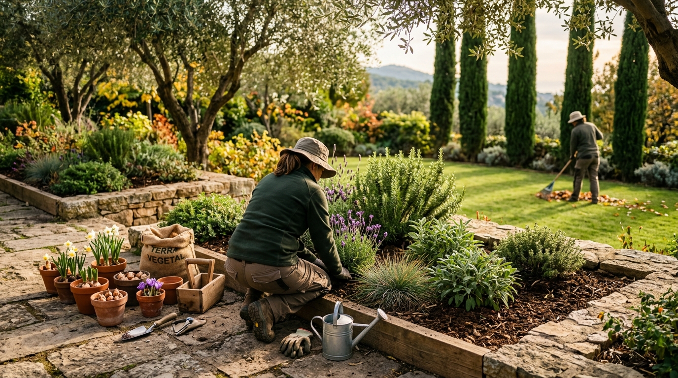 Jardineros Tecnoverd trabajando en preparar jardn para otoo