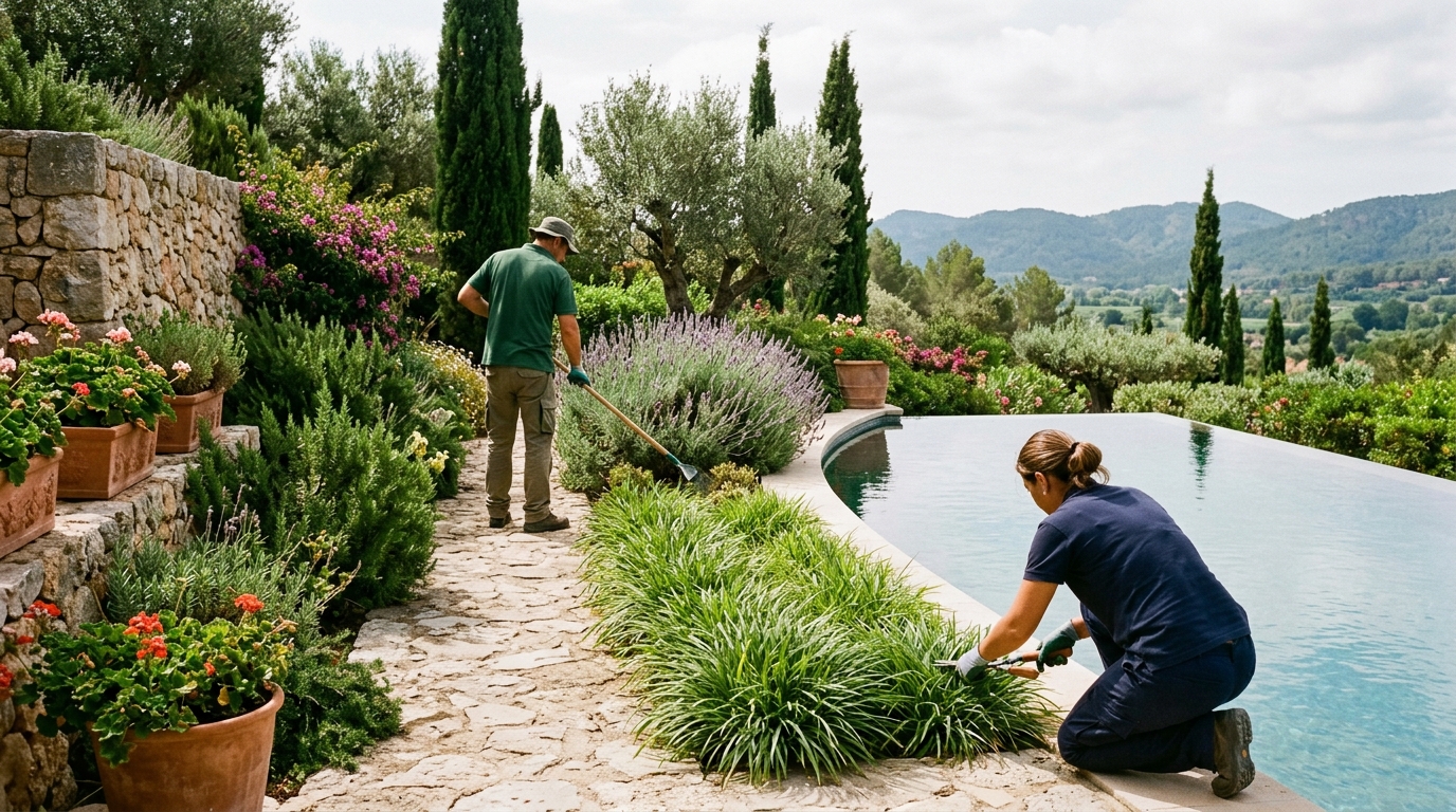 Jardineros Tecnoverd trabajando en jardn con piscina