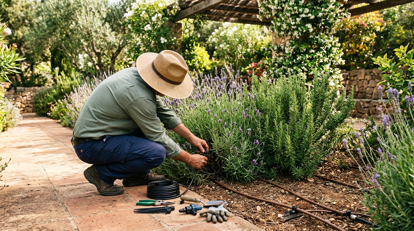 Jardineros Tecnoverd trabajando en riego por goteo jardn