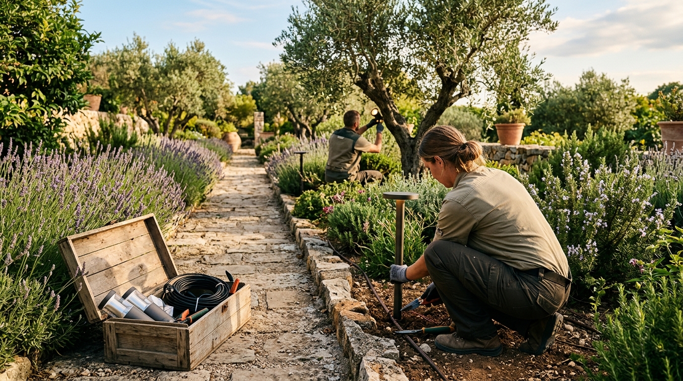 Jardineros Tecnoverd trabajando en iluminacin exterior jardn