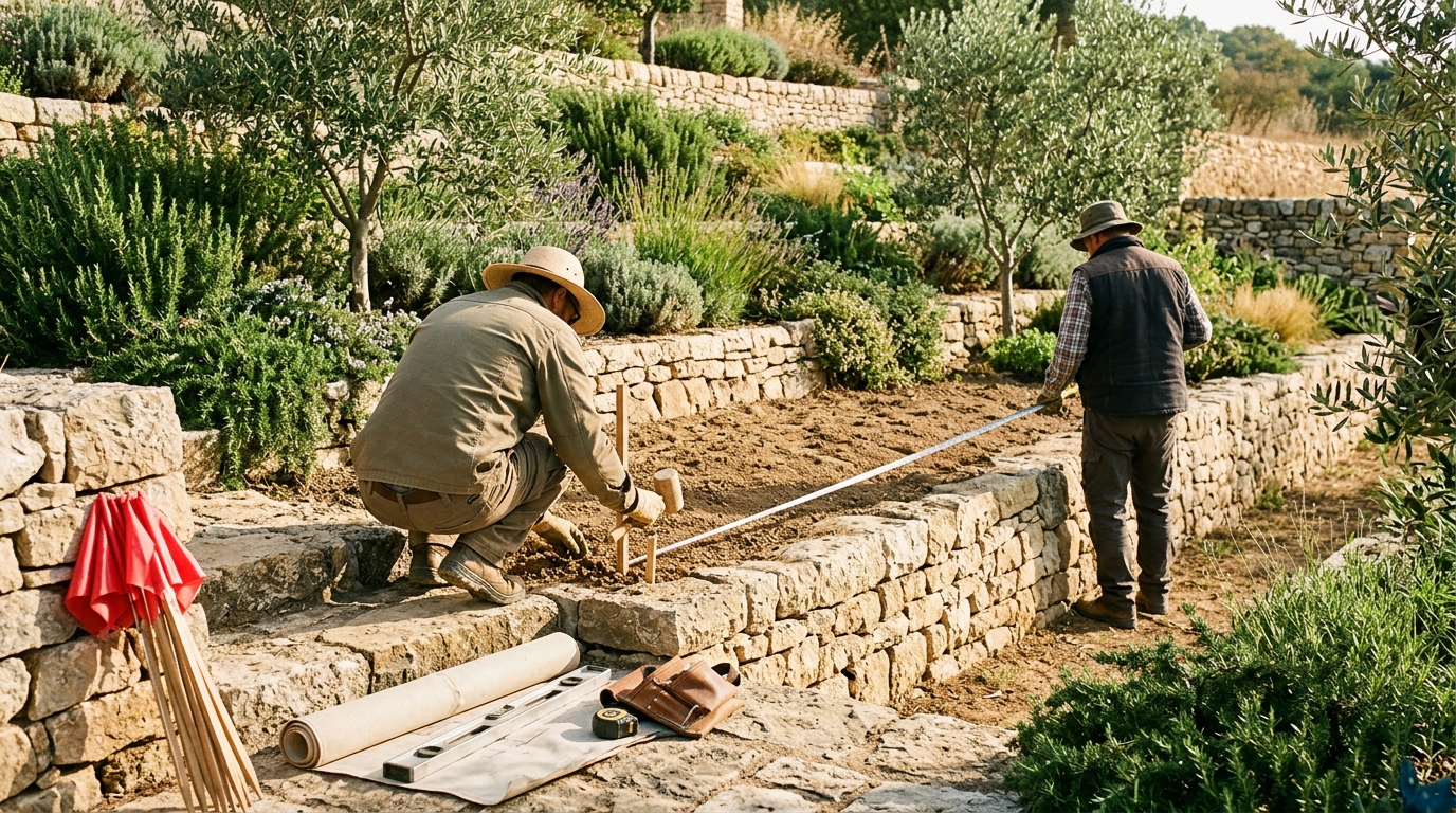 Jardineros Tecnoverd trabajando en jardn en pendiente diseo