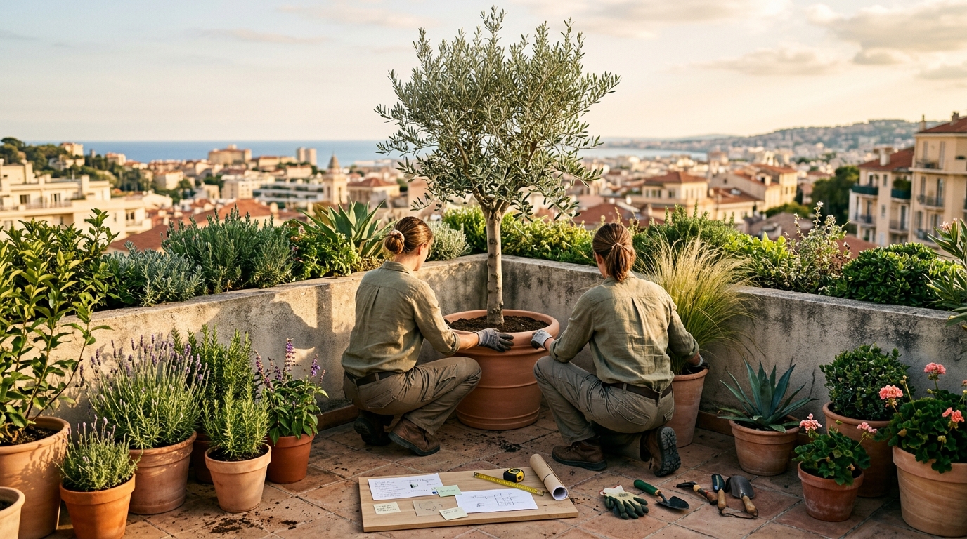 Jardineros Tecnoverd trabajando en jardn en terraza diseo