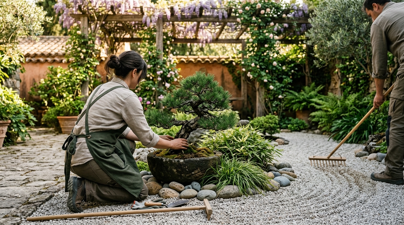 Jardineros Tecnoverd trabajando en jardn japons zen