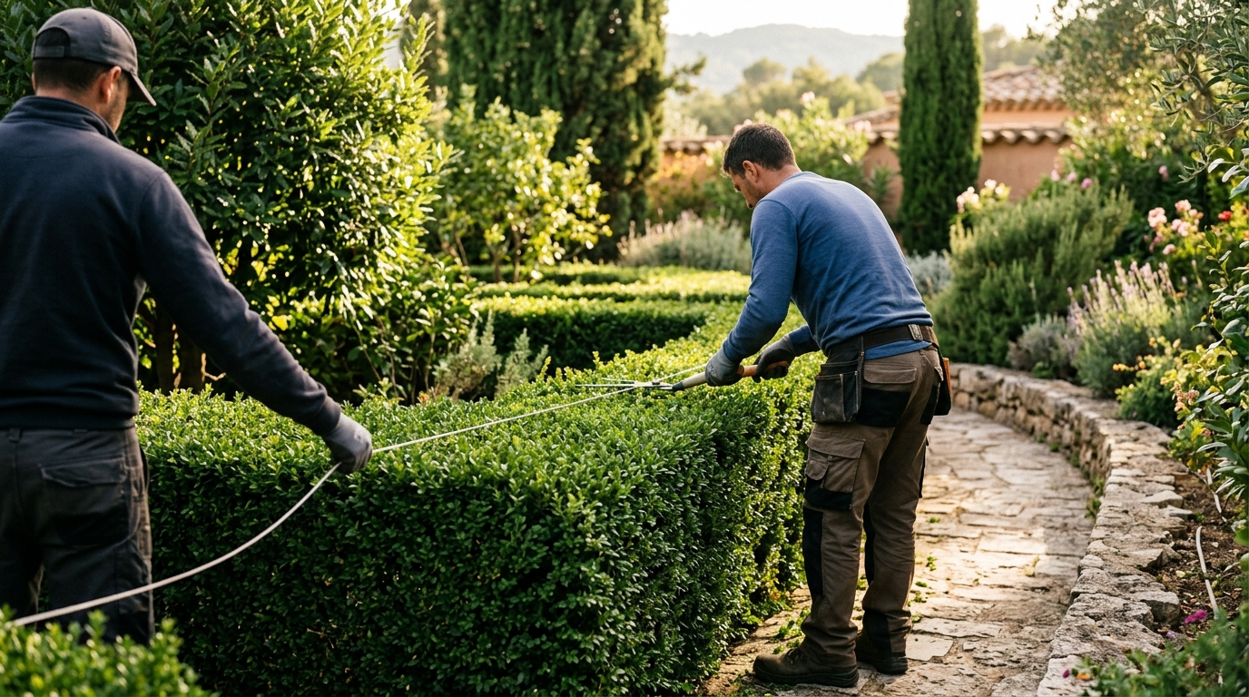 Jardineros Tecnoverd trabajando en setos para jardn
