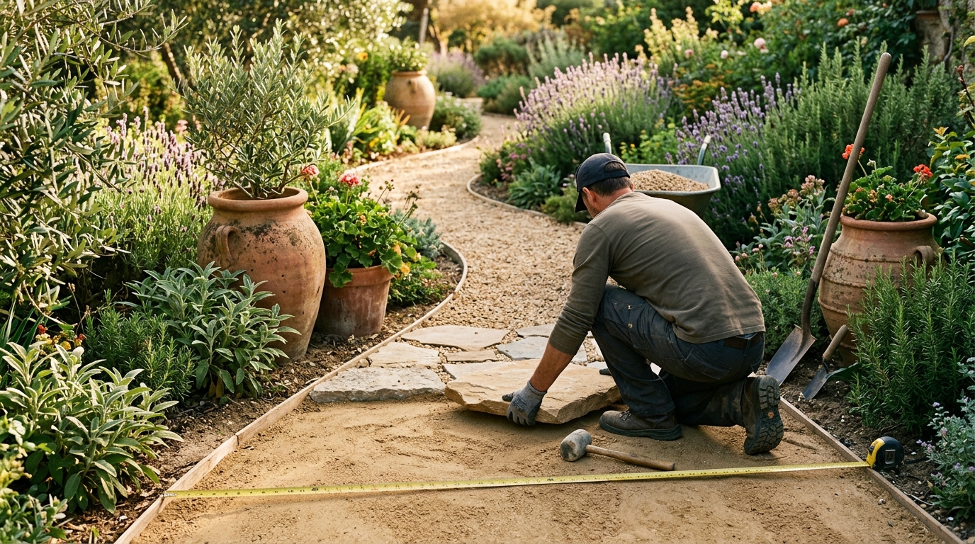 Jardineros Tecnoverd trabajando en caminos y senderos jardn