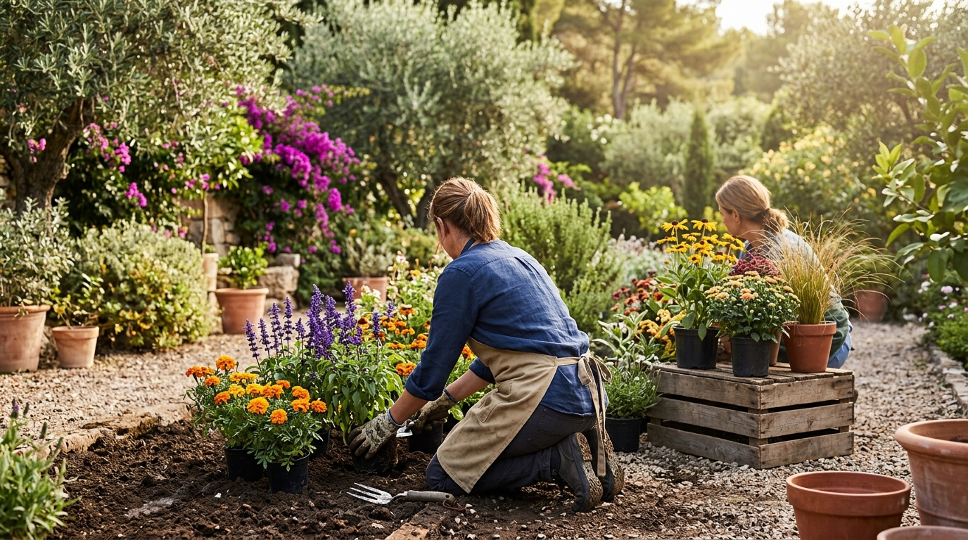 Jardineros Tecnoverd trabajando en Plantas otoo floracin